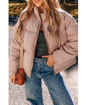 Apricot Pink Full Zipper Quilted Puffer Jacket
  Quilted design for added texture and sophistication
  High neck for extra warmth and trendy look
  Shift style for a flattering and comfortable fit
  Perfect for layering and versatile styling options
Material: 100% Polyester