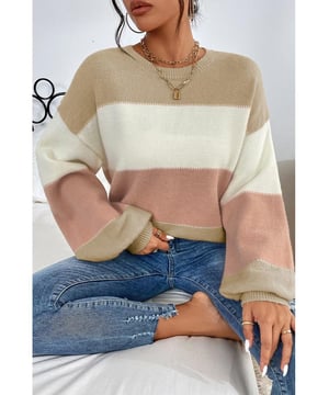 Classic loose fit sweater
  Stylish color block design
  Crew neck drop shoulder and lantern sleeve details
  Pairs well with solid pants and skirts
  Suitable for women of different ages and shapes
  Please refer to the size chart for accurate sizing information
Material: 42% Acrylic 30% Polyester 28% Polyamide