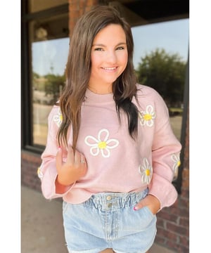 Suéter de Cuello Redondo de Chenille Rosa con Bordado de Margaritas  
Material de chenille de alta calidad  
Hermosos detalles de bordado de margaritas  
Diseño de cuello redondo cómodo y favorecedor  
Versátil para cualquier ocasión