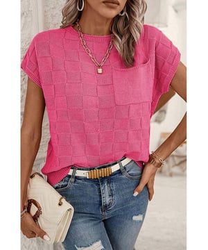 Helles pinkes Rippstrick-Kurzarm-Sweatshirt  
Rippstrickstoff für einen einzigartigen Look  
Kurze Ärmel und runder Ausschnitt für Komfort  
Brusttasche und lockere Passform  
Geeignet für die meisten Körpertypen  
Hohe Elastizität für eine perfekte Passform  
Größentabelle siehe unten  
Material: 75% Polyacryl 25% Polyamid