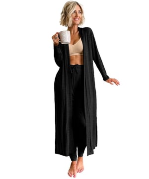 Casual two
  piece set for effortless coordination
  Solid color for a timeless and chic aesthetic
  Maxi cardigan offers a stylish and cozy layering option
  Drawstring waist on the skinny pants provides a customizable fit
  Dropship loungewear elevates your personal style effortlessly
  Available in multiple sizes with high elasticity
Material: 65% Polyester 30% Viscose 5% Elastane