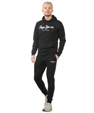 The Pepe Jeans London men's regular fit tracksuit set offers a soft and lightweight hoodie paired with matching joggers. The hoodie features ribbed details on the hood, cuffs, and hem, along with an adjustable hood and a kangaroo pocket for convenience. The joggers come with a waistband drawstring for a secure fit. Both pieces showcase the Pepe Jeans London Big logo on the chest for the hoodie and the small logo on left leg for the joggers. A decorative inner neckband with an all-over logo adds a stylish touch. Made from 100% sustainable cotton, the fabric consists of 65% cotton and 35% polyester. The set is a washable machine for easy maintenance.