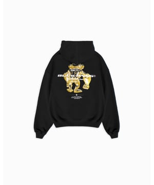 51% Polyester | 49% Baumwolle Oversized-Schnitt Kängurutasche BLCK BNNS-Logotype auf der Brust Goldfarbener 3D Convoy-Druck auf dem Rücken
