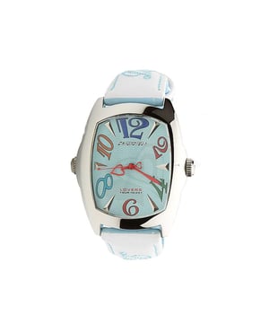 Art des Mechanismus: Quartz  
Anzeige: Analog  
Gehäusematerial: Stahl  
Farbe des Gehäuses: Silber  
Armbandmaterial: Leder  
Farbe des Armbands: Blau  
Zifferblattfarbe: Weiß  
Glasart: Mineral  
Verschluss: Schnalle  
Durchmesser Zifferblatt: 33 mm  
Besondere Funktionen: 12/24H  
FECHO