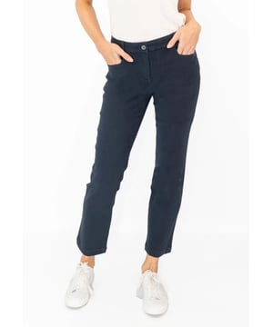 These White Stuff Sienna trousers in dark navy are made from a soft lyocell cotton blend with stretch. - -. Inside leg length approx.  28". - -. They feature a zip and button closure. - -. The regular fit and tapered leg style make them suitable for casual occasions. - -. With belt loops, pockets front and back, a comfortable feel, these trousers are perfect for all seasons. - -. These Trousers are ex White Stuff, so tags and labels have been partially cut but rest assured the product branding is still visible, and the high White Stuff quality remains.