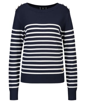 Der 19v69 ITALIA Strickpullover *FLORA* im maritimen Streifen-Design überzeugt mit weichem Feinstrick und stilvollen Schulterknöpfen – ein eleganter Klassiker für jede Garderobe.
