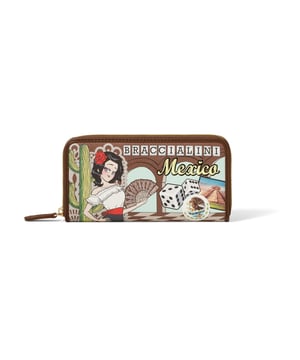 Cartera de mujer. El cierre es con cremallera. Los bolsillos internos son tarjeteros para billetes y monedas. Los bolsillos externos están ausentes. Falta la correa para el hombro. Falta el mango. Hay dos compartimentos internos. El material exterior es 50% poliéster, 50% poliuretano. Internamente es 80% Poliuretano, 20% Poliéster. Medidas: 18,5x10,5x3 cm. Producto de moda