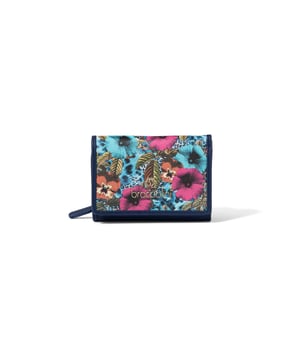 Cartera de mujer. El cierre es con botón de presión y cremallera. Los bolsillos internos son tarjeteros para billetes y monedas. Los bolsillos externos están ausentes. Falta la correa para el hombro. Falta el mango. Hay dos compartimentos internos. El material exterior es 50% poliéster, 50% poliuretano. Internamente es 80% Poliuretano, 20% Poliéster. Medidas: 14x10x3,5 cm. Producto de moda
