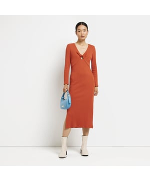 Bodycon fit, Ribbed fabric, Twist detail, Split hem, V-neck, Long sleeves, Midi length, Our model wears a UK 8 and is 175cm/5'9'' tall