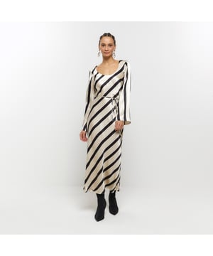 Satin fabric, Stripe print, Belted, Scoop neck, Long sleeves, Maxi length
