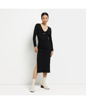 Bodycon fit, Ribbed fabric, Twist detail, Split hem, V-neck, Long sleeves, Midi length, Our model wears a UK 8 and is 175cm/5'9'' tall