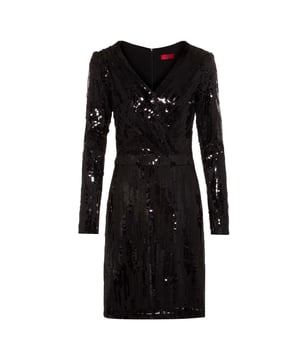 Womens HUGO Kelias-1 Dress in black.This HUGO dress is made from a stretchy fabric blend and features a close-fitting cut. It features a wrap silhouette with sequins  a V-neck  and long sleeves.Main material: 95% polyester  5% elastane.  Lining: 100% polyester.  Dry clean.Ref: 50445230-001