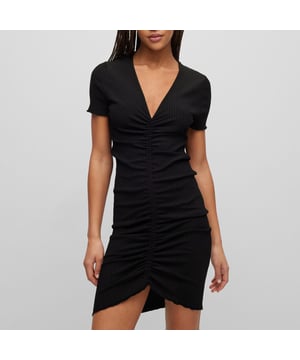 Womens HUGO Slisser Dress in black.Mini dress with gathering detail - v-neck - eco shiny viscose - rib structure - stretch81% Viscose  17% Polyamide  2% Elastane.  Hand wash.Ref: 50489059-001