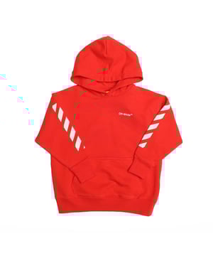 Jongens Off White Rubber Arrow Hoodie in rood - wit.- Klassieke hoodie.- Kangoeroezak.- Geribde manchetten en zoom.- Chevron ontwerp langs de armen.- Graphics hebben een rubber tape gevoel.- Kleine Off White logo opdruk op de borst.- Slim fit.- 100% katoen.- Ref: OBBB0010001125