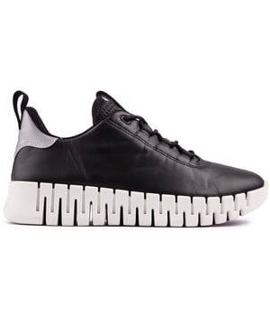 Infinitely slick and lightweight, with a look that is streetwear-adjacent, this ECCO Gruuv is constructed in premium leather with reflective trim details, elastic laces, removable dual-fit comfort foam insole and dynamic two-way flex rubber sole. Its contemporary, eye-catching outsole offers added grip, extra height and great looks.