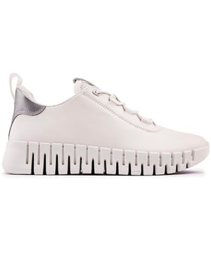 Infinitely slick and lightweight, with a look that is streetwear-adjacent, this ECCO Gruuv is constructed in premium leather with reflective trim details, elastic laces, removable dual-fit comfort foam insole and dynamic two-way flex rubber sole. Its contemporary, eye-catching outsole offers added grip, extra height and great looks.