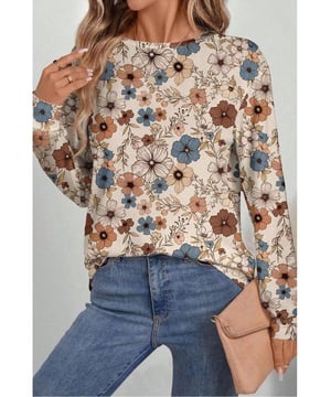 Khaki color with floral print
  Long sleeve design
  Crew neck style
  Loose fit for comfort
  Versatile and stylish for various occasions
  Ideal for pairing with jeans or leggings
Material: 95% Polyester 5% Elastane