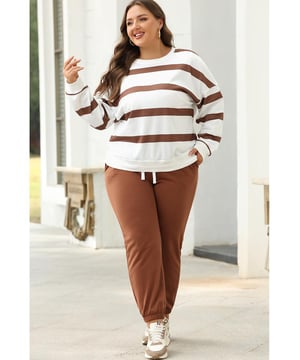 Patrón a rayas con estilo  
Suéter de hombro caído a la moda con corte holgado  
Pantalones jogger a juego con cintura elástica  
Ajuste cómodo y acogedor  
Perfecto para trabajo casual y uso diario  
Material: 100% Poliéster