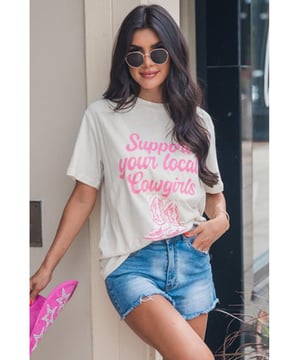 White Support Your Local Cowgirls Boots Print Crewneck Tee
  Crew neck design for a classic look
  Comfortable fit suitable for everyday wear
  Cowgirl boots print showcasing Western culture
  Pairs well with denim or casual wear
  Made for long
  lasting wear and enjoyment
Material: 62% Polyester 32% Cotton 6% Elastane