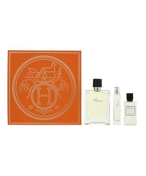 Hermes Terre D'Hermes 3 Piece Gift Set includes the classic Eau De Toilette in two sizes (100ml and 15ml) along with a refreshing Hair and Body Shower Gel (40ml). The fragrance opens with bright and zesty orange and grapefruit, creating a fresh and citrusy start. The middle notes reveal a warm and spicy heart with pepper, pelargonium, and flint, adding depth and complexity. The base notes of vetiver, cedar, patchouli, and benzoin provide a grounding, woody finish, making this fragrance both earthy and sophisticated. This set offers a full sensory experience, perfect for enjoying the iconic scent from head to toe.