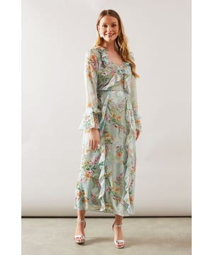 Enchanting floral print midaxi dress
        Flattering V-neckline with ruffle detailing
        Long sleeves with cascading ruffles
        Belted waist for a defined silhouette
        Flowing midaxi length for effortless elegance
    
    Embrace the beauty of nature with this captivating floral ruffle belted midaxi dress from Wallis. Perfect for daytime occasions, this dress combines sophistication with comfort. The V-neckline adorned with delicate ruffles adds a touch of femininity, while the long sleeves with cascading ruffles create a romantic allure. The belted waist cinches in your figure, creating a flattering silhouette that's both comfortable and stylish. Ideal for family gatherings or casual events, pair this dress with flat sandals and a woven tote for a chic daytime look. For a more polished ensemble, opt for block-heeled mules and statement earrings. The versatile midaxi length allows for easy movement, making it suitable for various daytime activities. Whether you're brunching with friends or attending a garden party, this Wallis dress will ensure you look effortlessly glamorous while feeling utterly comfortable.