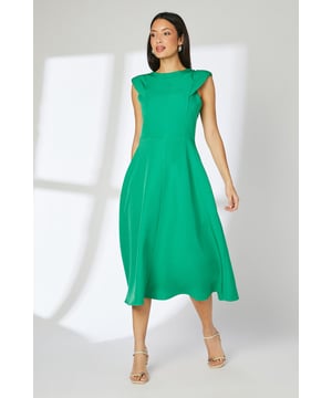 Structured fit and flare silhouette for a flattering shape
        High neckline adds a touch of sophistication
        Midi length perfect for various occasions
        Cap sleeves with subtle shoulder detail
        Versatile woven fabric with stretch for comfort
    
    This stunning midi dress showcases a beautifully structured fit and flare design, creating an elegant and feminine silhouette. The high neckline and cap sleeves with subtle shoulder detail add a refined touch, making it ideal for formal events and special occasions. Style this versatile piece with strappy heels and statement earrings for a polished look at weddings or race days. For a more understated ensemble, pair with nude court shoes and a clutch bag for graduations or work functions. The midi length offers a contemporary twist on classic occasion wear, ensuring you'll stand out for all the right reasons. With its figure-flattering shape and comfortable stretch fabric, this dress is sure to become a go-to favourite for any event where you want to make a lasting impression.
