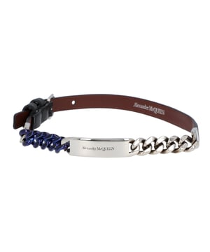 - Bracelet in black
- Made of leather
- With silver and blue chain
