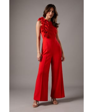 Striking corsage detail adorning the shoulder
        Elegant round neckline for a sophisticated look
        Pleated wide-leg trousers for a flowing silhouette
        Sleeveless design perfect for warm-weather events
        Flattering regular fit suitable for various body types
    
    Make a lasting impression at your next formal occasion with this stunning corsage detail pleated jumpsuit from Coast. The eye-catching floral embellishment cascading down one shoulder adds a touch of drama and femininity to this already elegant piece. The wide-leg trousers create a graceful, flowing silhouette that elongates your frame, while the sleek, fitted bodice accentuates your waistline. Style this versatile jumpsuit with strappy metallic heels and a clutch bag for a sophisticated ensemble perfect for weddings, race days, or evening galas. For a more understated look, pair it with nude pumps and delicate jewellery. This jumpsuit is a true statement piece that combines comfort and style, ensuring you'll stand out for all the right reasons at any formal event.