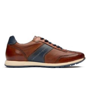 Mens brown Bugatti low profile trainers, manufactured with leather and a leather sole. Featuring: low profile sole, congnac leather, cushioned insole and bugatti branding.