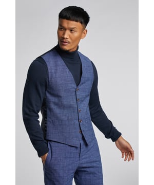 Mid Blue Check Linen Waistcoat. 87% Polyester 6% Viscose 5% Linen 2% Elastane