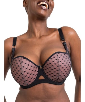 Curvy Kate Boost Heartbreaker Padded Balcony Bra. Padded underwired bra with a sweetheart neckline, uplifting vertical moulded cups and a heart print mesh overlay. The product is recommended for hand wash only.