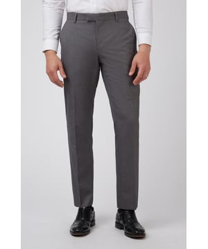 Plain Tailored Fit Trousers by Occasions. A stylish pair of suit trousers for any wardrobe - these grey suit trousers are perfectly matched up to weddings, formal occasions and more. With a tailored fit, flat fronted design and slanted side pockets, this men's tailored fit suit trouser is a versatile addition to any formal dress code.