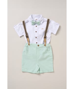 Dress your little one to impress with this delightful set from Little Gent. Featuring a shirt, bowtie, and shorts with attached braces. Perfect for special occasions or stylish outings, your little one will look effortlessly dapper and be ready to steal the spotlight!