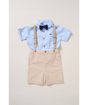 Dress your little one to impress with this delightful set from Little Gent. Featuring a shirt, bowtie, and shorts with attached braces. Perfect for special occasions or stylish outings, your little one will look effortlessly dapper and be ready to steal the spotlight!
