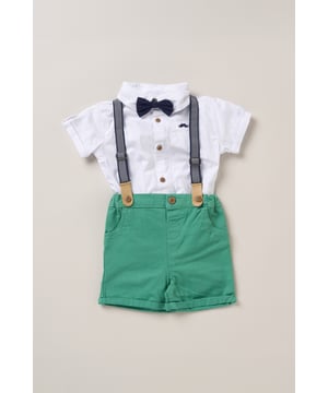 Dress your little one to impress with this delightful set from Little Gent. Featuring a shirt, bowtie, and shorts with attached braces. Perfect for special occasions or stylish outings, your little one will look effortlessly dapper and be ready to steal the spotlight!