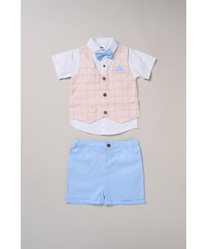 Get your little one ready for summer events and holidays with this adorable set from Little Gent! Featuring a shirt with a mock waistcoat, matching shorts, and a dapper bowtie, it’s topped off with a cute decorative pocket square. Stylish and comfy, it’s perfect for making special memories in.