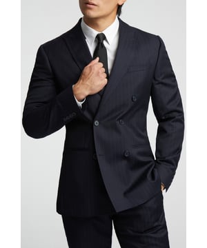 A classic recapture of British tailoring - Alexandre of England present the Navy Chalk Stripe suit jacket. Made with pure wool, for guaranteed comfort and style for any occasion.With a sleek double-breasted fastening this jacket also features a peak lapel, 2 straight jetted pockets and printed lining for added impact.Pair with the matching trousers for head-to-toe sophistication.