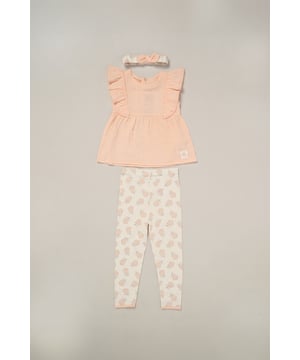 This 3-piece set from Lily and Jack includes a printed tee, matching comfy leggings, and a coordinating headband—perfect for easy dressing on sunny days. Stylish and comfortable, this set keeps your little one cool and cute while offering the perfect combination of comfort and style.
