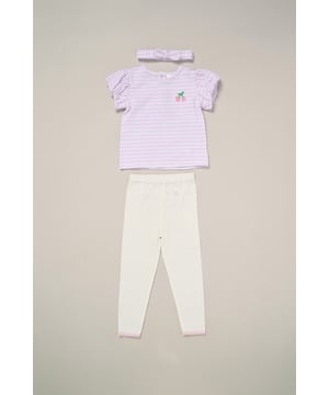 This 3-piece set from Lily and Jack includes a printed tee, matching comfy leggings, and a coordinating headband—perfect for easy dressing on sunny days. Stylish and comfortable, this set keeps your little one cool and cute while offering the perfect combination of comfort and style.