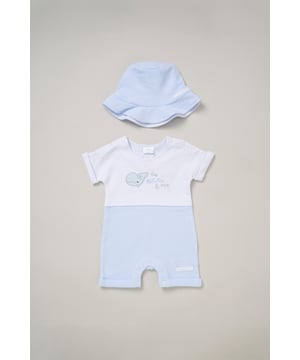 This outfit set by Rockabye Baby Boutique features a cosy waffle material romper with a printed mock tee and a reversible bucket hat. Combining comfort and style, it's the perfect choice for your little one’s playful days, offering both versatility and cuteness in one adorable set.