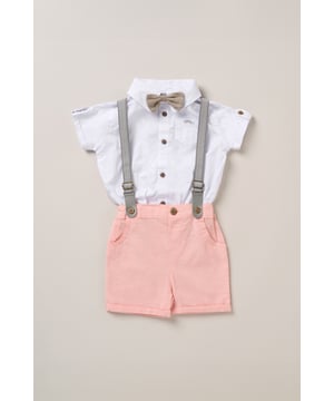 Dress your little one to impress with this delightful set from Little Gent. Featuring a shirt bodysuit, bowtie, and shorts with attached braces. Perfect for special occasions or stylish outings, your little one will look effortlessly dapper and be ready to steal the spotlight!