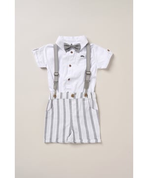 Dress your little one to impress with this delightful set from Little Gent. Featuring a shirt bodysuit, bowtie, and shorts with attached braces. Perfect for special occasions or stylish outings, your little one will look effortlessly dapper and be ready to steal the spotlight!