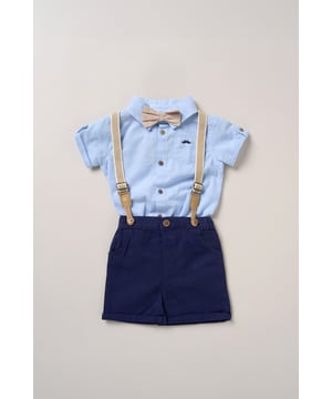 Dress your little one to impress with this delightful set from Little Gent. Featuring a shirt bodysuit, bowtie, and shorts with attached braces. Perfect for special occasions or stylish outings, your little one will look effortlessly dapper and be ready to steal the spotlight!