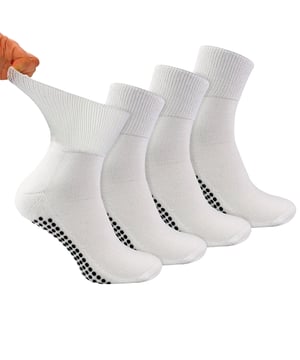 Dr.Socks 4 Pack Short Bamboo Diabetic Socks With Grips: Dr.Socks is a brand that aims to innovate when it comes to keeping your feet comfortable. We believe in the importance of looking after your well-being, by using high-quality materials, Dr.Socks are able to produce some of the finest socks that help relieve health issues that affect our feet. Bamboo is known for being luxuriously soft and comfortable and is superior to cotton. Its natural properties of moisture wicking helps keep feet sweat free, improving breathability and overall comfort. These socks also come with non-slip gripper dots on the sole of the foot, ensuring maximum grip on hard surfaces like wood and laminate, making them ideal when relaxing at home. These socks are ideal for people with diabetes who suffer from poor circulation or swollen ankles, the short ankle design is perfectly made and ideal for extra comfort in the warmer weather. Dr.Socks Diabetic Socks are made of 43% Viscose From Bamboo, 40% Organic Cotton, 12% Polyester, 3% Polyamide, 2% Elastane and are available in Black or White. They come in 4 sizes: 4-7 UK, 6-8 UK, 9-11 UK & 12-14 UK and are safely Machine Washable. Extra Product Details: Dr.Socks Bamboo Diabetic Socks 4 Pairs Per Pack Non Slip Grippers Short Ankle Length Super Soft Bamboo Fibres Extra Wide Non Elastic Top Ribbed Design Socks Handlinked Smooth Toe Diabetic Friendly
