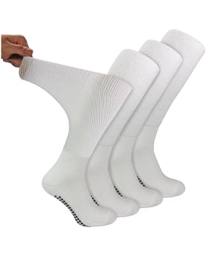Dr.Socks 4 Pack Long Bamboo Diabetic Socks With Grips: Dr.Socks is a brand that aims to innovate when it comes to keeping your feet comfortable. We believe in the importance of looking after your well-being, by using high-quality materials, Dr.Socks are able to produce some of the finest socks that help relieve health issues that affect our feet. Bamboo is known for being luxuriously soft and comfortable and is superior to cotton. Its natural properties of moisture wicking helps keep feet sweat free, improving breathability and overall comfort. . They have an extra wide non elastic top which allows the sock to fit to the natural shape of your legs reducing painful ring marks. The extra long design is perfectly made to ensure they cover your calf for added softness. Dr.Socks Diabetic Socks are made of 43% Viscose From Bamboo, 40% Organic Cotton, 12% Polyester, 3% Polyamide, 2% Elastane and are available in Black or White. They come in 4 sizes: 4-7 UK, 6-8 UK, 9-11 UK & 12-14 UK and are safely Machine Washable. Extra Product Details: Dr.Socks Bamboo Diabetic Socks 4 Pairs Per Pack Non Slip Grippers Knee High Length Super Soft Bamboo Fibres Extra Wide Non Elastic Top Ribbed Design Socks Handlinked Smooth Toe Diabetic Friendly Moisture Wicking Properties Available In Black & White Dr.Socks Branded 4 Size Options Machine Washable