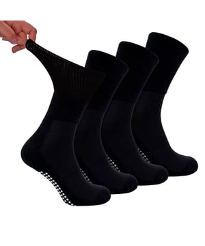 Dr.Socks Pack de 4 Calcetines Diabéticos de Bambú con Agarres: Dr.Socks es una marca que pretende innovar cuando se trata de mantener tus pies cómodos. Creemos en la importancia de cuidar de su bienestar, mediante el uso de materiales de alta calidad, Dr.Socks son capaces de producir algunos de los mejores calcetines que ayudan a aliviar los problemas de salud que afectan a nuestros pies. El bambú es conocido por ser lujosamente suave y cómodo y es superior al algodón. Sus propiedades naturales de absorción de la humedad ayudan a mantener los pies libres de sudor, mejorando la transpirabilidad y el confort general. . Estos calcetines son ideales para las personas diabéticas que sufren de mala circulación o tobillos hinchados. Tienen una parte superior no elástica extra ancha que permite que el calcetín se adapte a la forma natural de las piernas, reduciendo las dolorosas marcas dejadas por la constricción que la elasticidad normal puede crear. Los calcetines para diabéticos Dr.Socks están hechos de 43% viscosa de bambú, 40% algodón orgánico, 12% poliéster, 3% poliamida, 2% elastano y están disponibles en 3 colores: Negro, Blanco y Negro/Azul Marino/Gris/Azul. Están disponibles en 4 tallas: 4-7 UK, 6-8 UK, 9-11 UK & 12-14 UK y se pueden lavar a máquina. Detalles adicionales del producto: Dr.Socks Calcetines de Bambú para Diabéticos 4 Pares por Paquete Agarres Antideslizantes Súper Suaves Fibras de Bambú Extra Anchos No Elásticos Diseño Acanalado Calcetines Suaves y Duraderos Aptos para Diabéticos Propiedades de Absorción de la Humedad 4 Opciones de Colores Dr.Socks Branded