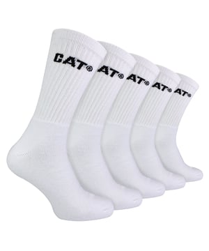 CAT - Men’s 5 Pack Performance Work Socks: Introducing the CAT Performance Work Socks, a pinnacle of comfort, protection, and durability. Elevate your workday experience with these socks designed to meet the demands of strenuous activities. Engineered for those who rely on their feet, these socks feature reinforced toes and heels, providing unparalleled protection while wearing work boots. Crafted from a soft yet durable cotton rich fabric, these socks offer a luxurious feel while standing up to the rigours of your daily routine. With a five-pair pack, CAT Work Socks provide a reliable rotation to keep your feet comfortable throughout the work week. Immerse yourself in luxury as cushion padding is strategically positioned in the heel and toe areas, providing an exceptional level of protection without compromising the natural flexibility of your feet. . Designed for practicality, These socks come in Black or White and are available in 3 sizes: 6-9 UK, 9-11 UK & 12-14 UK. They are made from 78% Cotton, 20% Polyester, 2% Elastane and are also machine washable at 40. Extra Product Details: CAT Performance Work Socks Robust & Durable Combed Cotton Fibres Available in Black or White Padded Areas Soft Feel & Durable Fabric Cushioned Heel & Toe Ideal For Steel Top Cap Boots 78% Cotton, 20% Polyester, 2% Elastane Machine Washable