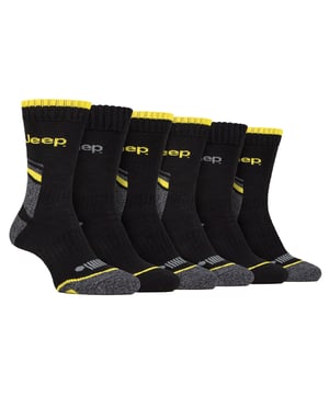 Jeep Herren 6er Pack Arbeitsstümpfe: Wir stellen Ihnen unsere Jeep Arbeitsstümpfe vor - die perfekte Kombination aus Komfort und Langlebigkeit. Dieses 6er Pack ist darauf ausgelegt, Ihre Alltagskleidung mit höchstem Schutz und Unterstützung zu verbessern. Hergestellt aus einem weichen und atmungsaktiven, schwergewichtigen Performance-Poly-Mix mit 60% Polyester, 38% Baumwolle, 1% Elastodien und 1% Elasthan, sorgen diese Socken dafür, dass Ihre Füße den ganzen Tag über trocken und kühl bleiben. Dank der vollflächigen Terry-Dämpfung und der atmungsaktiven Einsätze wird selbst langes Stehen und Gehen zum Kinderspiel. Ihre Füße sind dank der dichten Dämpfung von der Ferse bis zu den Zehen vor täglichen Stößen, zufälligen Aufprallern und allgemeinem Verschleiß geschützt. Die tiefen Rippenbündchen, die Knöchelunterstützung und die Fußgewölbeunterstützung sorgen für eine sichere und bequeme Passform, die an Ort und Stelle bleibt, ohne dass ständige Anpassungen nötig sind. Diese Stümpfe haben eine mittlere Dicke, wodurch sie für verschiedene Anlässe und Aktivitäten geeignet sind. Ob Sie Arbeitsstiefel oder Sicherheitsschuhe tragen, diese Socken machen Ihr Erlebnis deutlich komfortabler. Das robust-stilvolle Design verfügt über das ikonische Jeep-Branding und verleiht Ihrem Arbeitsoutfit einen Hauch von Sportlichkeit. Erhältlich in zwei auffälligen Farbkombinationen - Navy/Grau/Gelb und Schwarz/Grau/Gelb. Maschinenwaschbar bei 40°, sind diese Socken pflegeleicht und bleiben zuverlässige Begleiter für Ihre täglichen Abenteuer. Zusätzliche Produktdetails: Weicher und atmungsaktiver schwergewichtiger Performance-Poly-Mix mit Baumwolle Vollflächige Terry-Dämpfung für zusätzlichen Komfort an langen Steh- und Gehzeiten Unterstützung des Fußgewölbes und der Waden für zusätzliche Stabilität und Schutz Dichte Dämpfung von der Ferse bis zu den Zehen zum Schutz vor Stößen und Abrieb Atmungsaktive Einsätze, um die Füße trocken und kühl zu halten Robust-stilvolles Design mit ikonischem Jeep-Branding Geeignet für Arbeitsstiefel und Sicherheitsschuhe Erhältlich in zwei auffälligen Farbkombinationen - Navy/Grau/Gelb und Schwarz/Grau/Gelb.