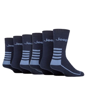Jeep Mens 6 Pack Cotton Blend Boot Socks: Introducing the Jeep Cotton Blend Boot Socks, a must-have for ultimate comfort and protection! This 6 Pair Pack is crafted from 61% Polyester, 38% Cotton, and 1% Elastane for a perfect blend of softness and durability. The socks feature smooth toe seams and heavy ribbed cuffs for an irritation-free experience. Designed to keep your feet cosy and well-supported, these medium-thickness socks come fully cushioned from cuff to toe. The terry looped pile lining offers excellent defence against cold weather, shocks, impacts, and even tight boot laces or blisters from new leather boots. Whether you're at work or enjoying leisure time, these half calf length socks ensure a more enjoyable day. Plus, the woven Jeep branding on the legs adds a touch of style. Thanks to the breathable cotton blend, your feet stay dry and fresh throughout the day due to natural moisture absorbency. Walk with confidence as the arch supports keep the socks securely in place. And when it's time to wash, simply toss them in the machine at 40° for easy care. Upgrade your sock game with the comfort and reliability of Jeep Cotton Blend Boot Socks. Extra Product Details: Comforting and thickly cushioned for maximum protection against cold, shocks, and impacts. Soft and breathable cotton blend keeps feet dry and fresh. Smooth toe seams for irritation-free wear. Arch supports ensure a secure fit while walking. Heavy ribbed cuffs for added durability. Perfect for work or leisure, providing all-day comfort. Triple pack with woven Jeep branding adds style and value. Easy machine wash at 40° for convenient maintenance.
