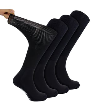Dr.Socks 4 Pack Long Bamboo Diabetic Socks With Grips: Dr.Socks is a brand that aims to innovate when it comes to keeping your feet comfortable. We believe in the importance of looking after your well-being, by using high-quality materials, Dr.Socks are able to produce some of the finest socks that help relieve health issues that affect our feet. Bamboo is known for being luxuriously soft and comfortable and is superior to cotton. Its natural properties of moisture wicking helps keep feet sweat free, improving breathability and overall comfort. . They have an extra wide non elastic top which allows the sock to fit to the natural shape of your legs reducing painful ring marks. The extra long design is perfectly made to ensure they cover your calf for added softness. Dr.Socks Diabetic Socks are made of 43% Viscose From Bamboo, 40% Organic Cotton, 12% Polyester, 3% Polyamide, 2% Elastane and are available in Black or White. They come in 4 sizes: 4-7 UK, 6-8 UK, 9-11 UK & 12-14 UK and are safely Machine Washable. Extra Product Details: Dr.Socks Bamboo Diabetic Socks 4 Pairs Per Pack Non Slip Grippers Knee High Length Super Soft Bamboo Fibres Extra Wide Non Elastic Top Ribbed Design Socks Handlinked Smooth Toe Diabetic Friendly Moisture Wicking Properties Available In Black & White Dr.Socks Branded 4 Size Options Machine Washable